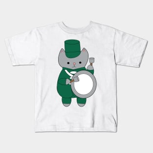 Marching Band Cat Bass Drummer Green and White Kids T-Shirt